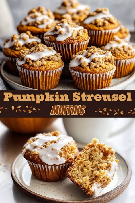 These pumpkin streusel muffins are moist, spiced, and topped with a buttery crumble and a sweet cinnamon maple glaze. They’re the perfect cozy fall treat! Pumpkin Pecan Crumble Muffins, Fun Fall Deserts, Pumpkin Spice Baked Goods, Fall Breakfast Muffins, Pumpkin Muffins With Streusel Topping, Pumpkin Crumble Muffins, Maple Dessert Recipes, Pumpkin Bread Muffins, Maple Desserts