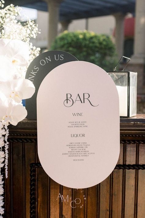 Floating black and taupe bar sign Black And White Bar Sign, Event Stationary Design, Acrilyc Signs, Wedding Color Palette Black, Wedding Bar Signage, Engagement Brunch, Drop Down Bar, Bar Sign Wedding, Taupe Wedding