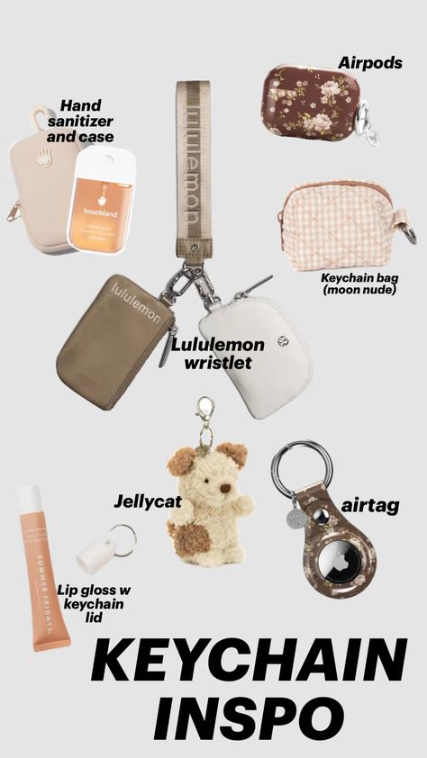 Keychain idea! #keychain #trendy #brown #neutral #cute #popular #fyp Lulu Keychain, Lululemon Keychain, Car Keychain Ideas, School Backpack Essentials, New Car Accessories, Girly Car Accessories, School Bag Essentials, Backpack Essentials, Cute Gifts For Friends