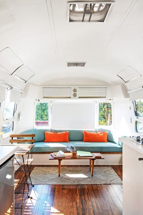 Airstream Living, Rv Dreams, Airstream Remodel, Airstream Interior, Airstream Renovation, Rv Makeover, Orange Cushions, Vintage Airstream, Interior Vintage