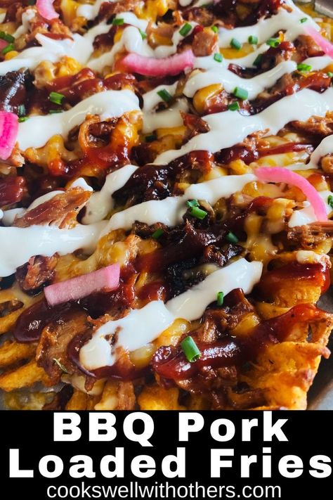 loaded waffle fries with cheese and drizzled with sour cream Pulled Pork French Fries, Pulled Pork Appetizers, Pulled Pork Fries Recipe, Leftover Bbq Pulled Pork, Pulled Pork Appetizer, French Fries Loaded, Loaded Fries Recipe, Leftover Pulled Pork, Pulled Pork Leftovers