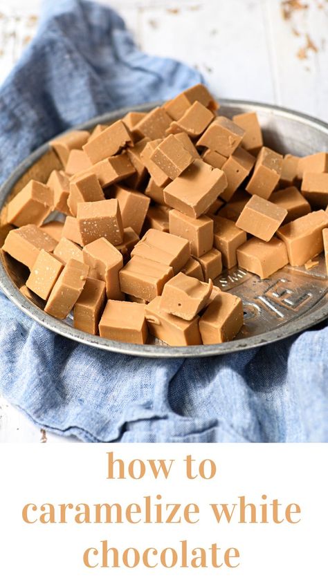 cubes of caramelized white chocolate on a pie pan Homemade Sprinkles Recipe, Lindt White Chocolate, Caramelized White Chocolate, Burfi Recipe, Chocolate Candy Recipes, Chocolate Sticks, White Chocolate Bar, Creamy Recipes, Homemade Sweets