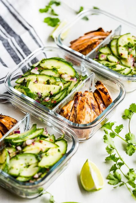 Easy Thai Chicken, Asian Cucumber Salad, Meal Prep Plans, Coconut Aminos, Fitness Plans, Chicken Meal Prep, Boneless Skinless Chicken Thighs, Thai Chicken, Prepped Lunches