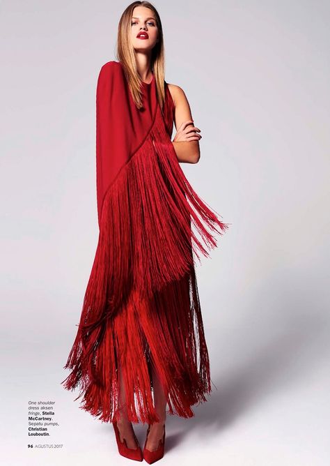 Red fringe #Valentine #date #datenight #love #Galentines #ValentinesDay #style #look #ootd #dress #RED #holiday #glam Red Dress Fashion Photography, Spring Red Fringe Dress, Elegant Red Fringe Dresses, Fitted Red Fringe Dress, Outfit Vestido Rojo, Fringe Fashion Runway, German Model, Fringe Clothing, Red Fringe