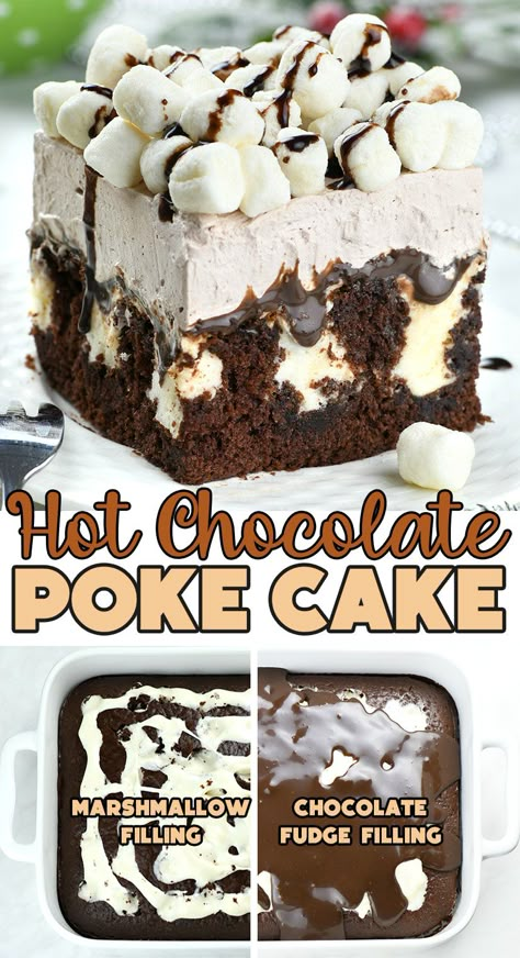 Hot Chocolate Poke Cake is the most decadent chocolate cake infused with marshmallow fluff, topped with chocolate fudge and hot chocolate whipped cream, and a pile of mini marshmallows. Chocolate Cake Fudge, Chocolate Cool Whip, Easy Hot Chocolate, Tea Desserts, Poke Cake Recipe, Chocolate Poke Cake, Christmas Baking Recipes, Dessert Simple, Poke Cake Recipes