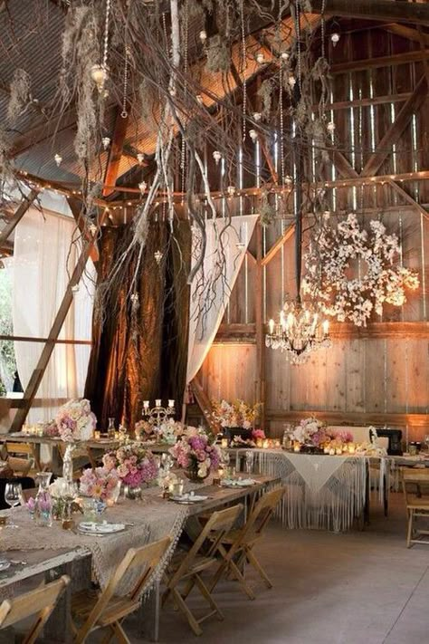 Maybe a little to feminine/floral. Like the branches and moss though. And the scarves on the tables. Relaxed. That wreath is kinda cool too but not sure if we want to go with the "cotton" route. Barn Wedding Decorations, Shabby Chic Wedding, Garden Parties, Rustic Barn, Boho Vintage, Wedding Board, Wedding Planners, Event Styling, Chic Wedding