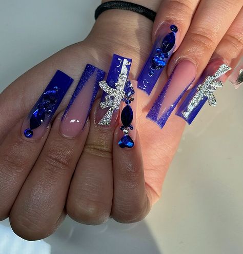 Royal Blue Birthday Nails Short, Royal Blue Long Nails, Long Nail Inspo Acrylic, Blue Coffin Nail Ideas, Long Nails With Rhinestones, Blue Rhinestone Nails, Silver Nails Prom, Short Work Nails, Royal Blue And Silver Nails