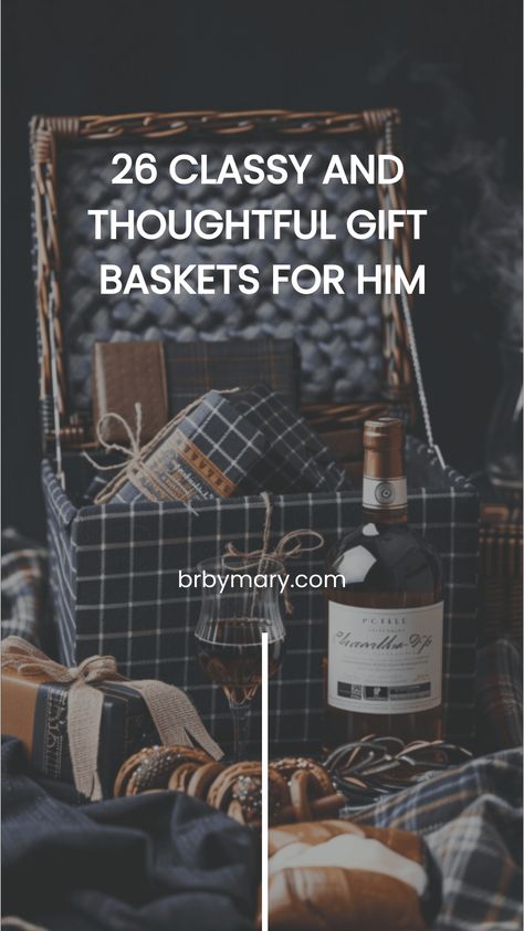 Looking for the perfect gift basket for him? Whether you want to DIY it or buy it ready, we've got you covered! Check out these gift basket ideas for men whether that'd be for his birthday, Christmas or Valentine's Day! Diy Anniversary Baskets For Him, Manly Gift Basket Ideas, Birthday Baskets For Men, Mens Self Care Basket, Anniversary Basket For Him, Anniversary Gift Basket For Him, Care Basket For Boyfriend, Mens Gift Basket Ideas Birthdays, Groom Gift Basket