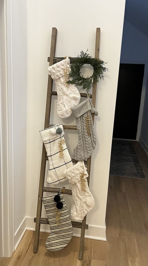 Stockings On Blanket Ladder, Stockings On Ladder, Christmas Blanket Ladder, Christmas Ladder Decor, Christmas Ladder, Stocking Hanger, Winter Inspired, Christmas Decor Inspiration, Christmas Porch Decor