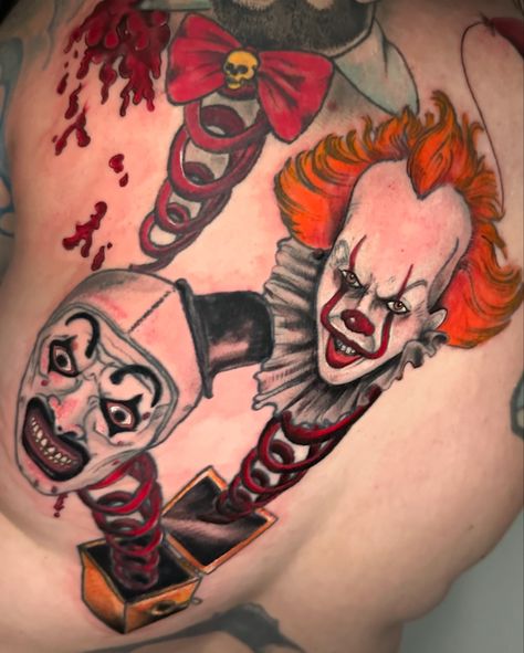 Finally finished up this killer clowns, large back tattoo for my very good friend and long time client, Elissa #captainspaulding #pennywise and #terrifiermovie all done and a few coverups in there too. Thanks for looking . For booking and availability, please click the link in my bio, or go to www.deidgedunham.com. Now booking October for Austin & Los Angeles. . . . . . . . . #tattoo #customtattoo #colortattoo #horrormovies #horrortattoo #killerclown #blood #art #artist #tattooartist #atx #a... It Tattoos Pennywise, Pennywise Flash Tattoo, Pennywise Balloon Tattoo, Pennywise Tattoo Design, Original Pennywise Tattoo, Pennywise Tattoo, Los Angeles Tattoo, Blood Art, Horror Tattoo