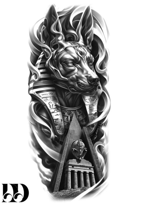 Anubis Tattoo Design, Tattoo Anubis, Egyptian Goddess Tattoo, Egypt Tattoo Design, Pet Tattoo Ideas, Arm Tattoos Drawing, Pet Tattoos, Persian Tattoo, Egyptian Tattoo Sleeve