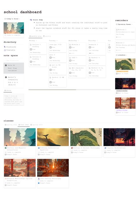 A customizable Notion School Dashboard! Contains a timetable, images for each class, a randomizer to give different assignments to work on, and more! Notion Timetable, Notion School Dashboard, School Dashboard, Notion School, Notion Template For Work, Notion Workspace, Timetable Template, Notion Templates, Small Business Planner