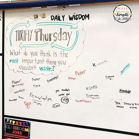 Thrifty Thursday #whiteboardmessage of the day brought me joy that my students are aware of items we shouldn't waste!⠀ #sassysavvysimpleteaching #iteachtoo #iteachfifth #iteachreading #iteachwriting #teachersfollowteachers #teacherspayteachers #igteachers #teachersofig #teachersofinstagram #teachersoninstagram #iteach #instagramteachers #teachersfollowingteachers #instagramteachers #tptteachers #studentsfirst #studentcentered #studentengagment #classroomhacks #teacherhacks #... Thursday Question Of The Day Classroom, Whiteboard Question Of The Day, Thursday Question Of The Day, Whiteboard Thursday, Thursday Whiteboard Prompt, Thursday Morning Meeting, Thursday Journal, Gm Thursday, Days Of The Week Activities