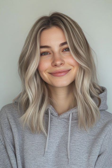 Shoulder Length Hair With Layers Blonde, Cool Ash Blonde Highlights, Shoulder Length Hairstyle Ideas, Blonde Balayage Mid Length, Mid Length Blonde Hair, Shoulder Length Hair Blonde, Shoulder Length Hairstyle, Thick Blonde Hair, Medium Length Haircut Blonde