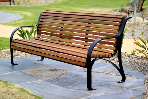 Albert Park Seat - Commercial Systems Australia Bench Design Outdoor, Park Bench Design, Garden Bench Seat, Metal Outdoor Bench, Garden Bench Seating, Rustic Outdoor Furniture, Outdoor Bench Seating, Entrance Gates Design, Concrete Bench