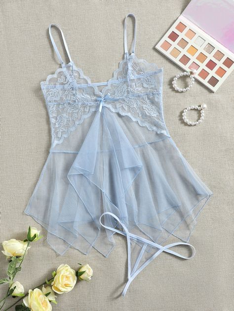 Contrast Lace Sheer Mesh Slips With Thong Women Nightwear Dresses, Nightwear Dress, Elegant Lingerie, Blue Lingerie, Looks Party, Causal Outfits, Lingerie Outfits, Women Nightwear, Pretty Lingerie