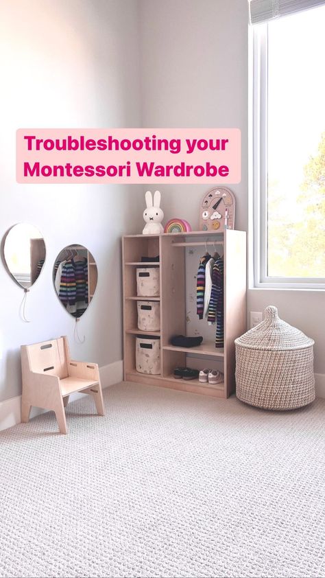 toddlertoddlerlittlestar on Instagram: Montessori Wardrobe So, you decided to set up a Montessori inspired wardrobe, but it doesn’t look like what you see on Instagram? Here… Montessori Closet, Montessori Wardrobe, Montessori Bedroom, Montessori Playroom, Kids Playroom Decor, Green Nursery, Kids Wardrobe, Playroom Decor, Built In Wardrobe