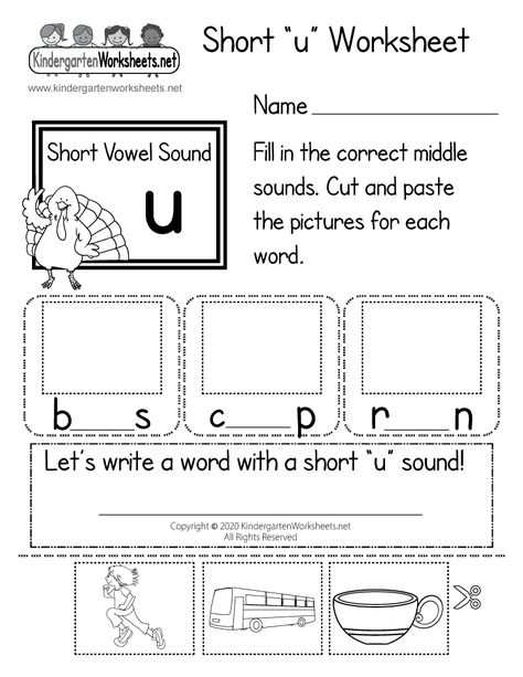 Short u Worksheet for Kindergarten - Learning Words With Short "u" Vowel Sounds Kindergarten Language Worksheets, Short I Worksheets, Short A Worksheets, Pattern Worksheets For Kindergarten, Writing Worksheets Kindergarten, Kindergarten Thanksgiving, Counting Worksheets For Kindergarten, Short I Words, Phonics Worksheets Free