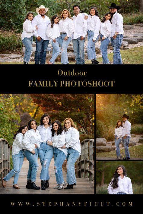 Denim family photoshoot - A timeless outfit, denim encapsulates the American spirit of the last century. It stands for rugged individualism and oozes classless respect for hard work. Denim is no longer just for cowboys—Hollywood actors and celebrities don the denim look. Read more about Stephany Ficut and her work as a professional family photographer. #familyphotographerdallas #familywithnewbornphotography #familyphotographyidea #howtochooseafamilyphotographer #photographerforfamilyphotos White Top Blue Jeans Family Photoshoot, Blue Jeans And White Shirt Family Photos, Denim And White Family Pictures Outfits, Blue Jeans White Shirt Family Photoshoot, Family Farm Photoshoot Ideas, Family Picture White And Denim, Family Photo Outfits Denim And White, Black White And Denim Family Pictures, White Shirt Family Photoshoot