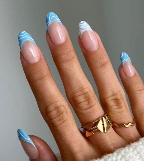 Light blue and icy blue French tips with swirls Beachy Nails, Blue Acrylic Nails, Summery Nails, Almond Acrylic Nails, Vacation Nails, Short Acrylic Nails Designs, Prom Nails, Minimalist Nails, Fire Nails