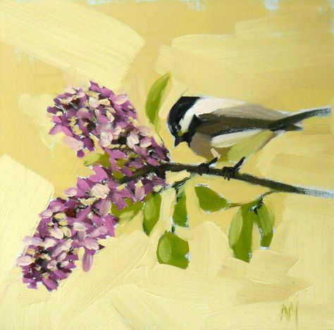 Chickadee and Lilac Branch bird and flower art by prattcreekart Chickadee Tattoo, Lilac Branch, Lilac Tattoo, Angela Moulton, Lilac Painting, Bird And Flower, Flower Art Print, Bird Artwork, Bird On Branch