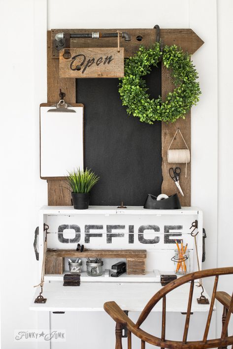 Learn how to make this lidded crate into a compact rustic office desk along with a reclaimed wood framed chalkboard and industrial pipe Open sign. With Funky Junk's Old Sign Stencils. #funkyjunkinteriors #oldsignstencils #fusionmineralpaint #chalkboard #office #furniture #diy #reclaimedwood #farmhouse Creative Office Desk, Small Computer Table, Funky Office, Office Desk Ideas, Compact Office, Hanging Desk, Office Tools, Open Sign, Flourish Design