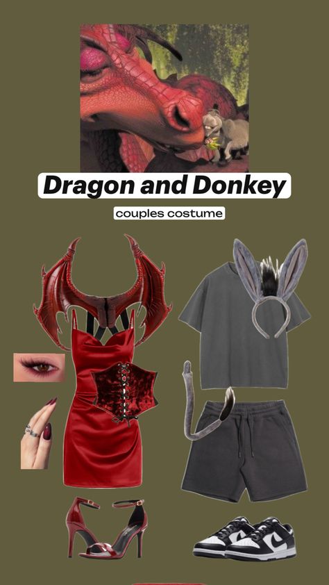 Dragon and Donkey (Shrek) Couples Costume Female Lord Farquaad Costume, Donkey And Dragon Shrek Costume, Donkey Dragon Costume, Shrek Couples Costume, Donkey And Dragon Couple Costume, Shrek Party Costume Ideas, Three Blind Mice Shrek, Shrek Group Halloween Costumes, Shrek Donkey And Dragon