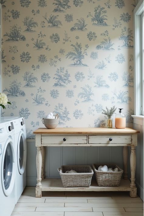 French country laundry room with blue and white toile wallpaper French Inspired Laundry Room, Fun Laundry Room Wallpaper, Laundry Room Artwork, Blue Laundry Rooms, Tiny Laundry Rooms, Stylish Laundry Room, Laundry Room Wallpaper, Toile Wallpaper, Wallpaper Themes