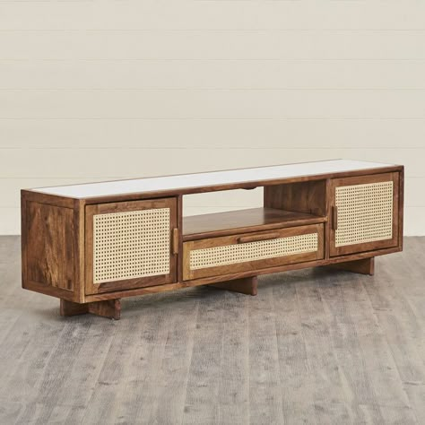 Cane Tv Unit Living Room, Tv Unit Wooden Design, Cane Tv Console, Cane Tv Unit, Wooden Tv Unit Design, Boho Tv Unit, Rattan Tv Unit, Rattan Tv Console, Tv Cabinate