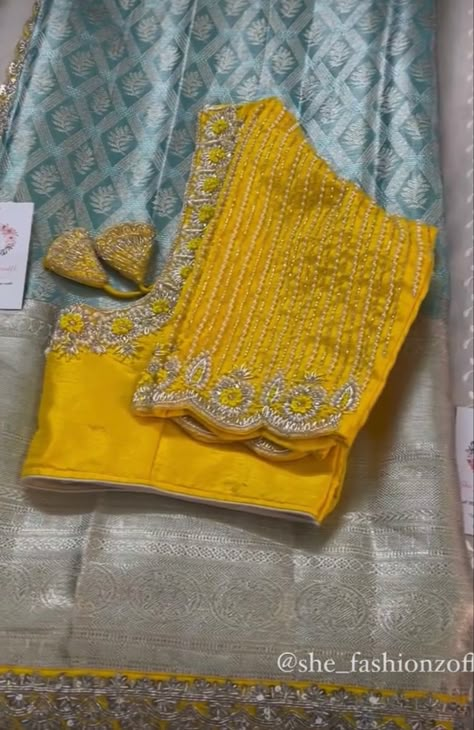 Saree Combination, Blouse Designes, Maggam Designs, Blue Blouse Designs, Maggam Blouse, Langa Voni, Blouse Works, Royal Yellow, Lehenga Saree Design