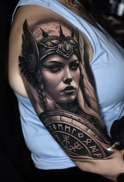 Celtic Warrior Tattoos, Athena Tattoo, Headdress Tattoo, Viking Warrior Tattoos, Female Warrior Tattoo, Viking Warrior Woman, Valkyrie Tattoo, Tattoo New, Wolf Tattoo Sleeve