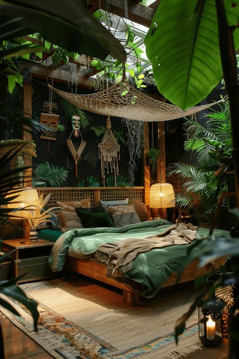 29 Jungle Themed Boho Bedroom Ideas 3 Jungle Maximalist Bedroom, Modern Forest Bedroom, Airbnb Theme Room Ideas, Jungle House Decor, Rainforest Home Decor, Moody Jungle Bedroom, Boho Bedroom Lighting Ideas, Jungle Theme Room Ideas, Rainforest Aesthetic Bedroom