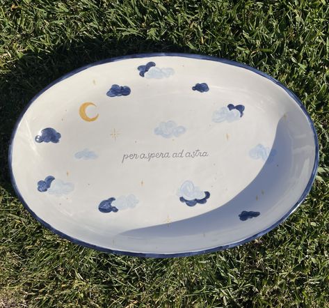 Pottery Painting Ideas Moon And Stars, Moon Ceramic Ideas, Pottery Painting Night Sky, Pottery Painting Celestial, Cloud Pottery Painting, Star Pottery Painting, Pottery Painting Ideas Stars, Stars Pottery Painting, Moon Pottery Painting