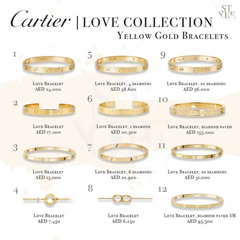 Cartier • Love collection in yellow gold Which one is your favorite? #cartier #justeunclou #cartier #bracelets #options #luxury… | Instagram Cartier Jewelry Aesthetic, Cartier Stacked Bracelets, Cariter Bracelets, Cartier Bracelet Aesthetic, Cartier Love Bracelet Stack, Cartier Gold Bracelet, Designer Bracelet Stack, Trend Bracelets, Cartier Bracelet Stack