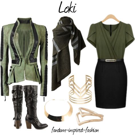 Outfits Based On Marvel Characters, Marvel Outfits Inspired, Avengers Inspired Outfits, Loki Inspired Outfit, Denim And Leather Jacket, Slytherin Princess, Green And Black Dress, Marvel Inspired Outfits, Marvel Style