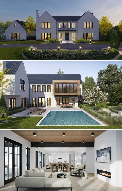 White Brick Mansion, Modern Home Pool, White Brick Modern House, Types Of Homes Architecture, Modern Farmhouse Elevation, L Shape House Design, Brick Modern Farmhouse, Modern Farmhouse Facade, White Modern Farmhouse Exterior