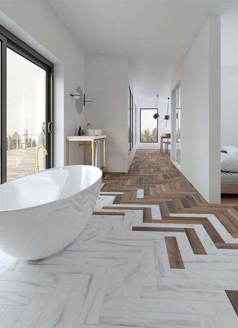 Drømme Bad, Design Interior Baie, Modern White Bathroom, Interior Design Minimalist, Herringbone Wood Floor, Minimal Interior Design, Bad Inspiration, Decor Baie, Herringbone Floor