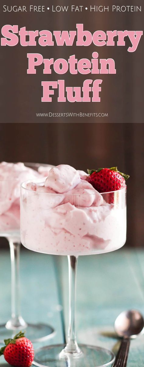 This Healthy Strawberry Protein Fluff is like a mixture between ice cream, whipped cream, and a cloud. So fluffy and voluminous with only 65 calories per serving. It's refined sugar free, low fat, high protein, and eggless too. Healthy Dessert Recipes with sugar free, low calorie, low carb, gluten free, dairy free, and vegan options at the Desserts With Benefits Blog (www.DessertsWithBenefits.com) Dairy Free Protein Shake, Protein Fluff, Dairy Free Protein, Strawberry Protein, High Protein Desserts, Baking Powder Uses, Healthy Strawberry, Protein Powder Recipes, Protein Desserts