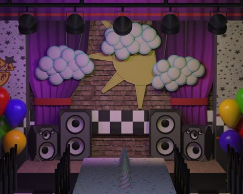 Five Nights At Freddy's Bedroom Ideas, Fnaf Party Room, Fnaf Party Decorations, Fnaf Stage, Fnaf Party Ideas, Five Nights At Freddy's Birthday Ideas, Fnaf Birthday Party Ideas, Fnaf Decor, Fnaf Room Ideas