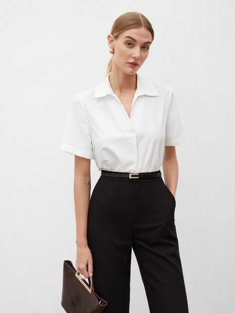 White Casual Collar Short Sleeve Woven Fabric Plain Shirt Embellished Non-Stretch  Women Clothing Collar Short Sleeve Shirt Women, Short Sleeve Shirt Outfit, White Shirt For Women, Ladies Shirts Formal, Short Sleeve White Shirt, Button Down Outfit, Half Sleeve Women, Corporate Shirts, White Shirt Outfits