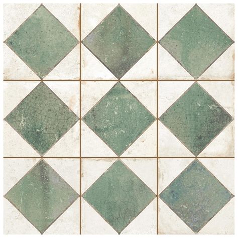 Merola Tile Kings Arles Green 13" x 13" Ceramic Floor and Wall Tile - Bed Bath & Beyond - 40544747 Green Outdoor Tiles, Outdoor Spanish Tile, Vintage Green Tile, Green Floor Tile, Green Bathroom Tile, Green Tile Floor, 1940s Interior, Affordable Tile, Fireplace Facade