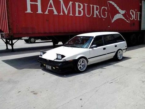 Toyota Corolla Wagon with an AE92 Coupe front Corolla Wagon, Toyota Ae86, Toyota Paseo, Concept Car Design, Ae86, City Bike, Toyota Cars, Tennis Player, Car Humor