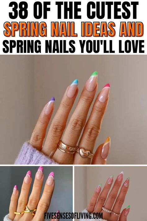 Spring is finally here and if you're looking for cute spring nail ideas, you'll want to see these spring nail designs. These trendy spring nails and spring nail colors are going viral on all social platforms. Upgrade your nail design recreating one of these spring nail ideas. Spring Trendy Nails Almond, Almond Acrylic Nails Designs Spring, Spring Tip Nails, Spring Ombre Acrylic Nails, Different Color Nail Tips, Ombre Nail Colors Ideas Spring, Nails With Colorful Tips, Almond French Nails Color, Trendy Spring Nails Acrylic