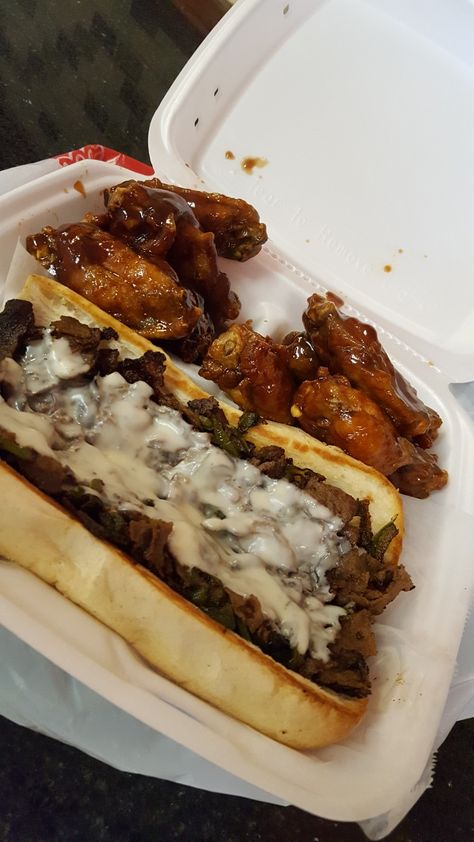 American Deli Philly Cheese Steak and BBQ Wings 😍😍😍😍😍 | Follow @melaninprincess Philly Cheese Steak Aesthetic, American Deli Wings, Philly Cheese Steak Sandwich Recipe, American Deli, Bbq Wings, Soul Food Dinner, Philly Cheese, Cheese Steak, Food Babe