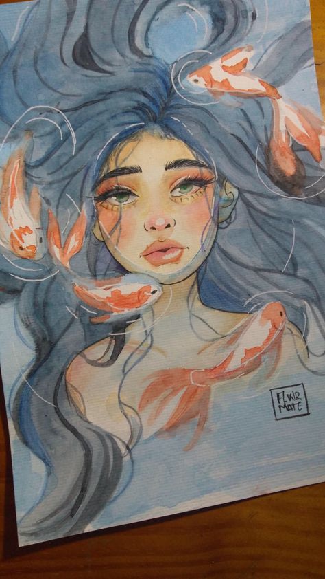 Watercolor Painting Love, Aesthetic Fish Painting, Drawing By Watercolor, Drawings Watercolor Ideas, Watercolor Drawings Aesthetic, Watercolor Paintings Fish, Watercolour Art Aesthetic, Watercolor Paintings Portrait, Aesthetic Watercolor Art Ideas