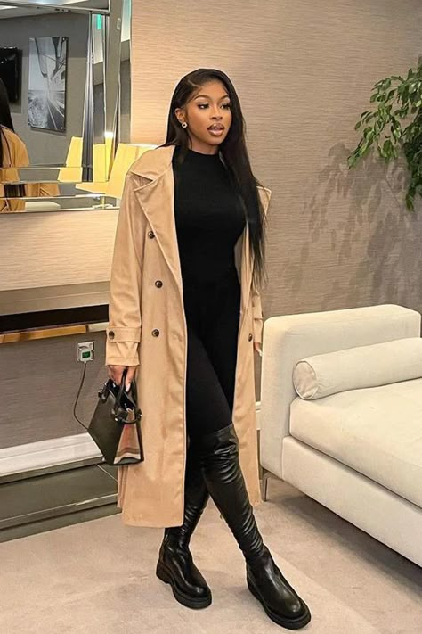 Classy Elegant Winter Outfit, Trench Coat Baddie Outfit, Trench Coat Black Women, Trench Coat And Skirt Outfit Winter, Flat Chunky Boots Outfit, Black Women Trench Coat Outfit, Leather Trench Coat Outfit Black Women, Trench Coat Airport Outfit, Brown Boots Outfit Black Women