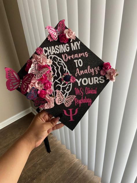 Graduation Cap Medical School, Clinical Psychology Graduation Cap, Psychology Graduation Cap Ideas Funny, Grad Cap Inspo Psychology, Future Therapist Graduation Cap, Masters Psychology Graduation Cap, Bachelors Psychology Graduation Cap, Psychology Graduation Captions, Msw Grad Cap Ideas