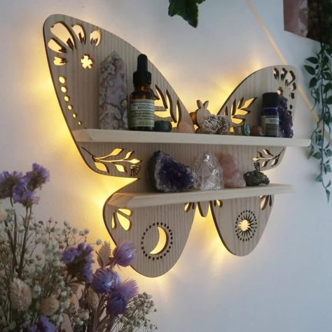 Aesthetic Room Shelf, Butterfly Things, Crystal Storage, Wooden Storage Shelves, Butterfly Lamp, Crystal Shelf, Fairy Bedroom, Essential Oil Shelf, Shelf Dimensions