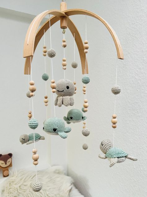 Baby Mobile Seafood XXL Crochet Baby Mobiles, Cot Toys, Baby Mobil, Mobile Hanging, Crochet Mobile, Crib Toys, Pola Amigurumi, Diy Mobile, Nursery Room Inspiration