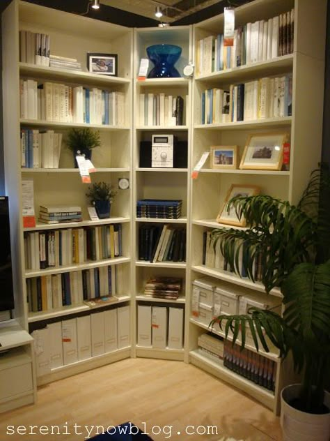 Great site with good pics of IKEA organizing ideas.  Combine 3 shelving units to make wrap around corner shelving Corner Shelves Ikea, Curved Billy Bookcase, Ikea Billy Bookcase Corner, Corner Bookcase Built In, Corner Billy Bookcase, Ikea Billy Corner Bookcase, Ikea Billy Corner, Corner Library Bookshelves, Billy Corner Bookcase